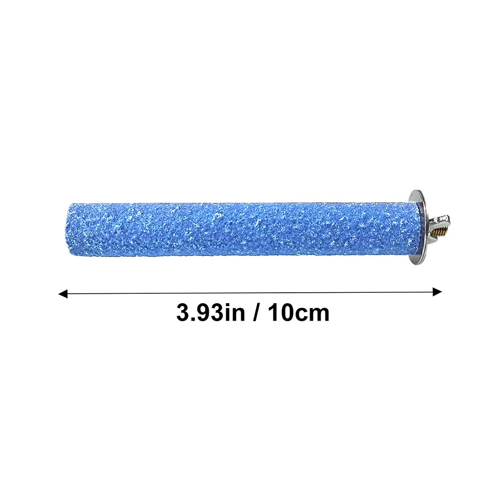 A blue glittery wooden perch stand for parrots and birds, measuring 3.93 inches or 10cm long.