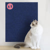 Eine weiße Katze sitzt vor einer dunkelblauen Anti-Rutsch-Matte mit einem kreisförmigen '1'-Logo.