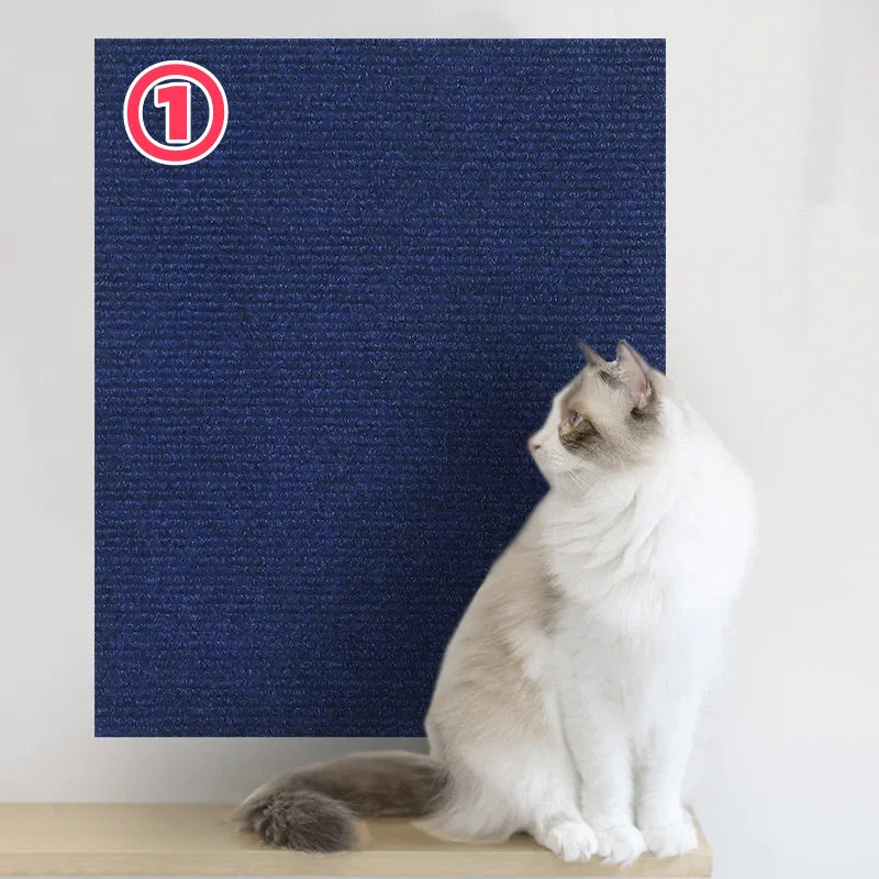 Eine weiße Katze sitzt vor einer dunkelblauen Anti-Rutsch-Matte mit einem kreisförmigen '1'-Logo.