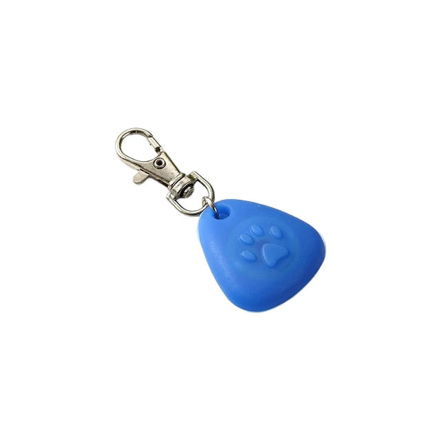 Blue silicone pet collar light with a paw print design and metal clasp.