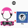 A pink pet safety helmet and goggles set for dogs and cats shown with size indicators.