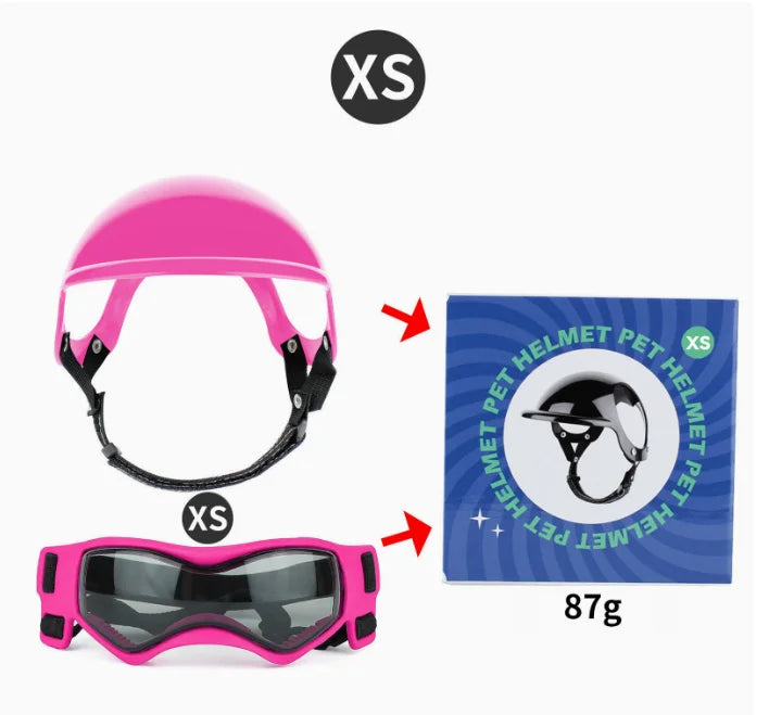 A pink pet safety helmet and goggles set for dogs and cats shown with size indicators.