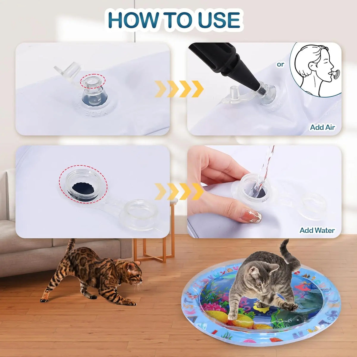 Instructions show how to use a thickened anti-scratch pet water sensory mat by adding air or water.