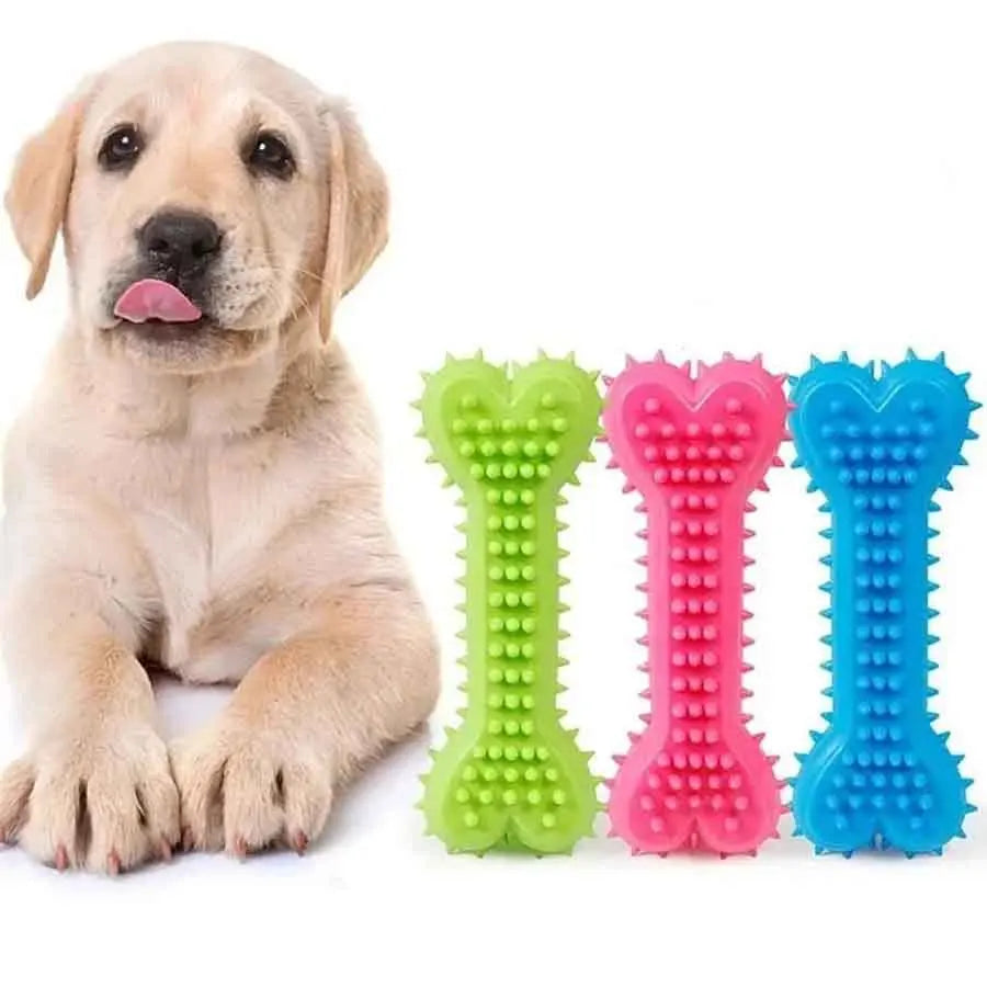 Un cachorro de color claro está tumbado junto a cuatro juguetes masticables en forma de hueso para perros de colores brillant