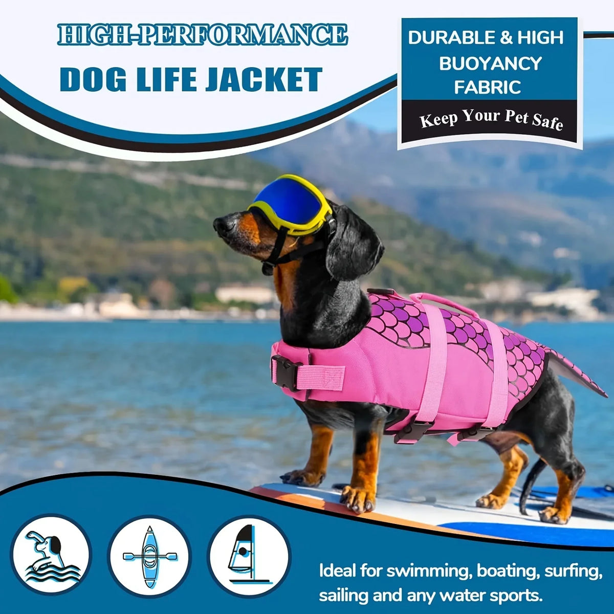 Un perro vistiendo un chaleco salvavidas rosa está de pie en una tabla de surf cerca del agua.