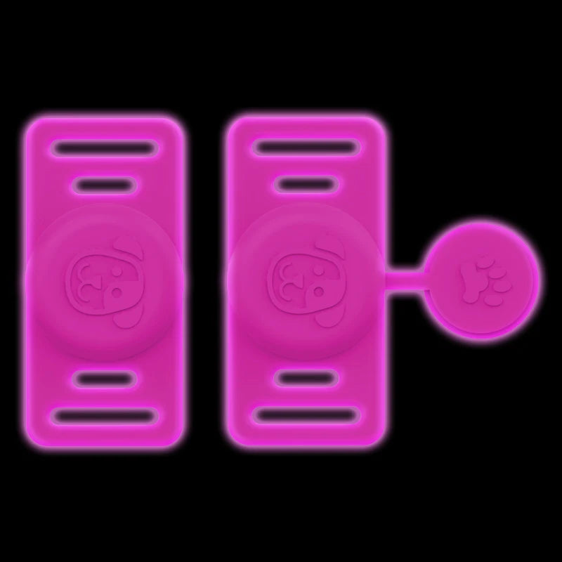 A pair of pink silicone airtag holders designed to attach to pet collars.