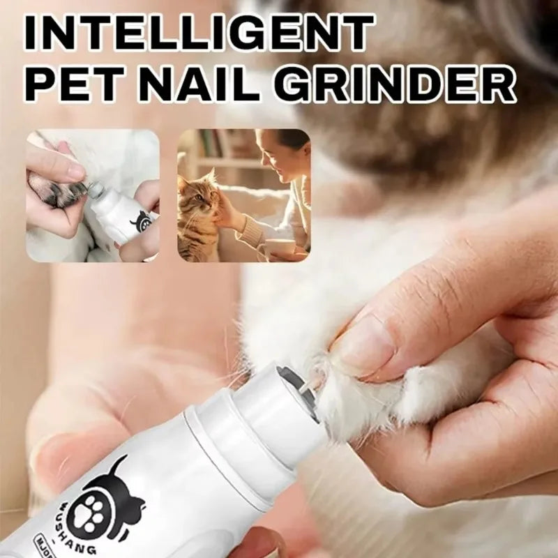 A hand is using an intelligent pet nail grinder on a cat's paw to trim its nails.