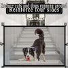 A black folding pet safety fence with adhesive hooks is shown, featuring a dog inside on a staircase.
