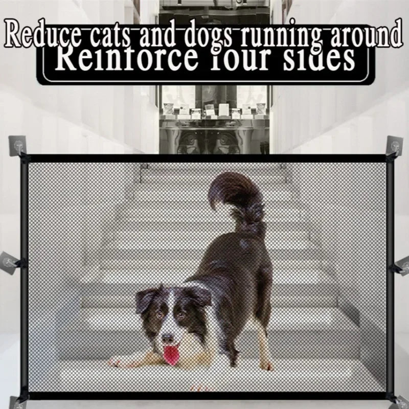 A black folding pet safety fence with adhesive hooks is shown, featuring a dog inside on a staircase.
