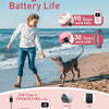 A dog is being walked on the beach while a pink remote training collar is shown with various charging cables and devices.