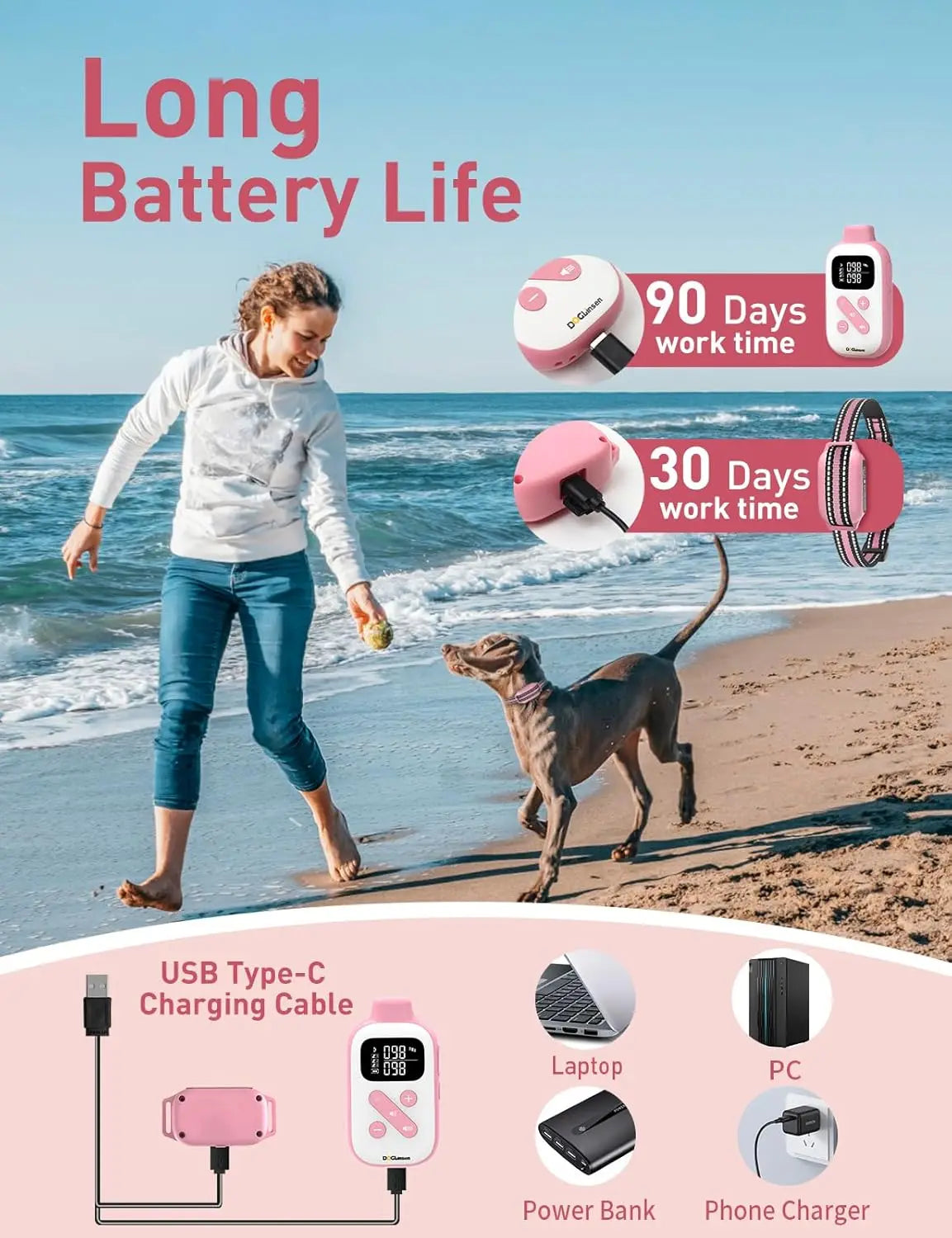 A dog is being walked on the beach while a pink remote training collar is shown with various charging cables and devices.