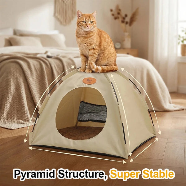 Un chat orange duveteux assis dans une tente pour soleil beige pyramidale sur un plancher en bois.