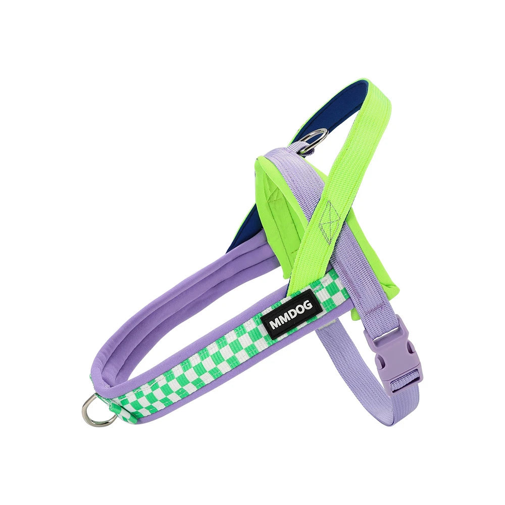 Harnais anti-traction pour chien réglable violet et vert lime avec laisse et étiquette.