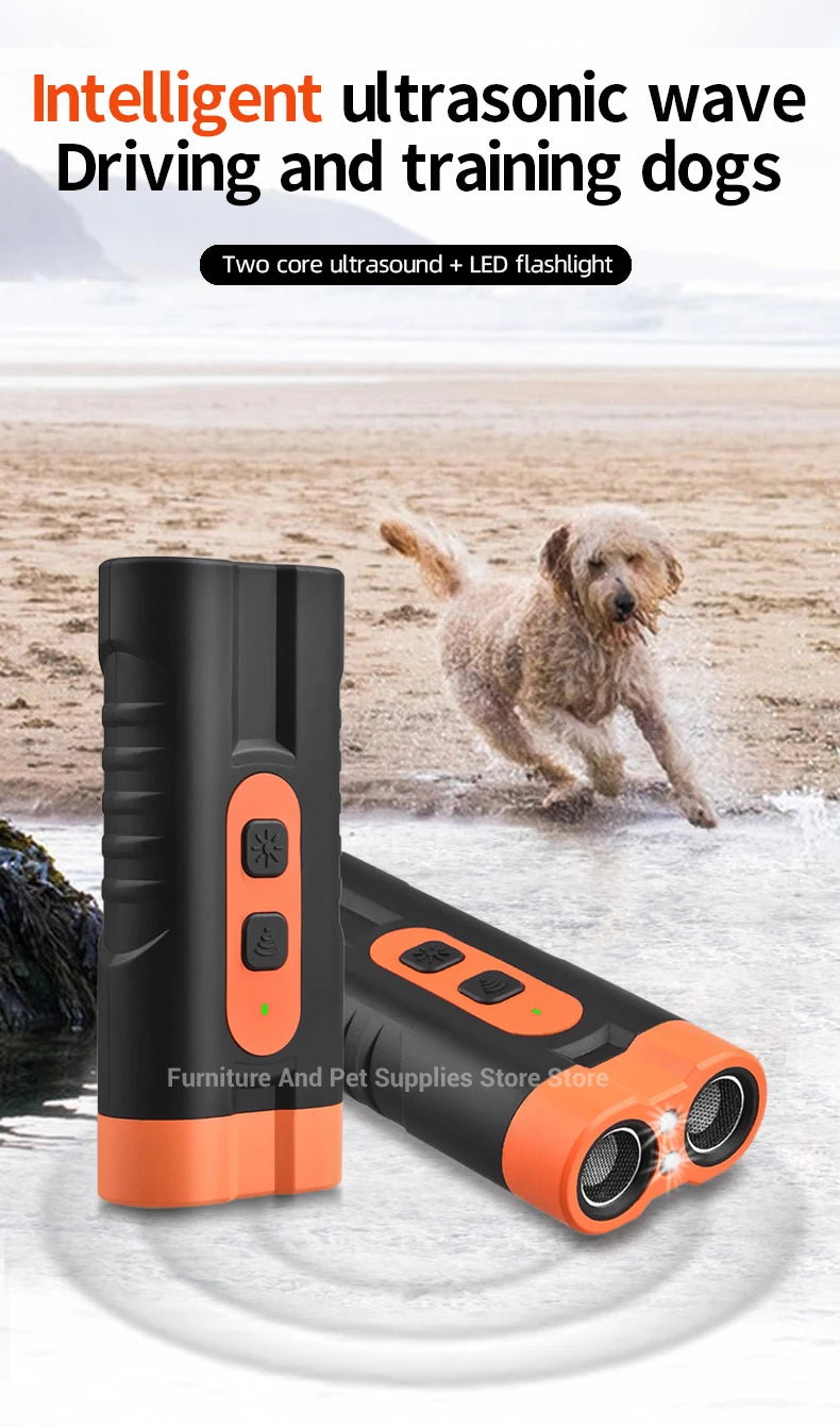 An intelligent ultrasonic wave dog training device with an orange body and a black component, shown next to a dog.