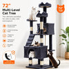 A tall, multi-level cat tree in dark gray and beige, featuring scratching posts, condos, perches, and a hanging toy.