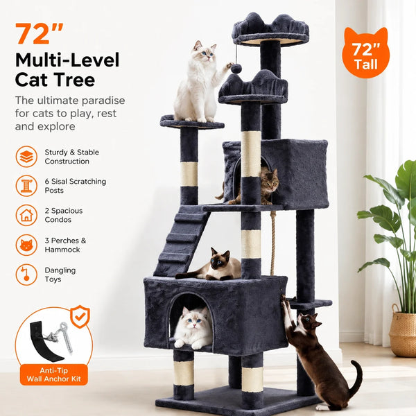 A tall, multi-level cat tree in dark gray and beige, featuring scratching posts, condos, perches, and a hanging toy.