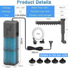 A grey aquarium filter pump with a power cord, tubing, and multiple suction cups shown next to its dimensions.