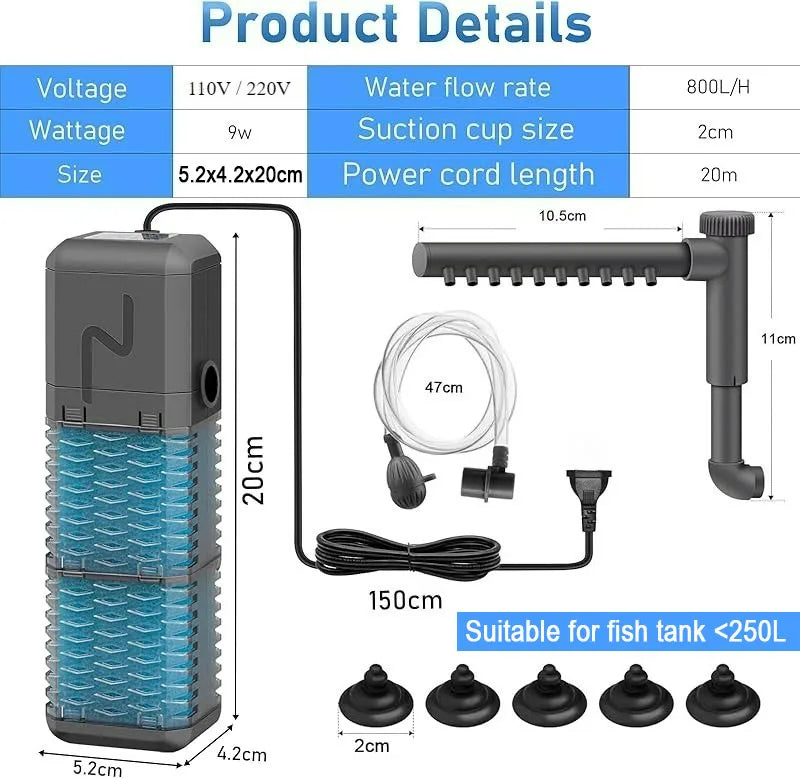 A grey aquarium filter pump with a power cord, tubing, and multiple suction cups shown next to its dimensions.