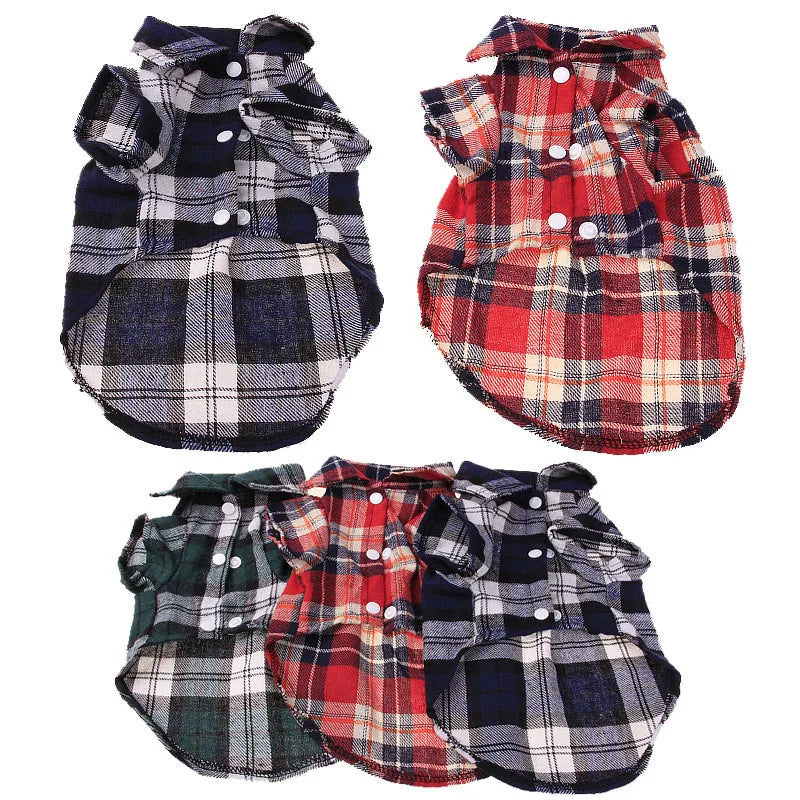A collection of plaid button-up shirts for dogs and cats in various patterns and colors.