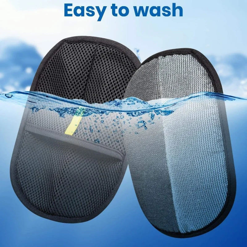 Two black pet hair removal gloves for dogs and cats shown with water droplets.