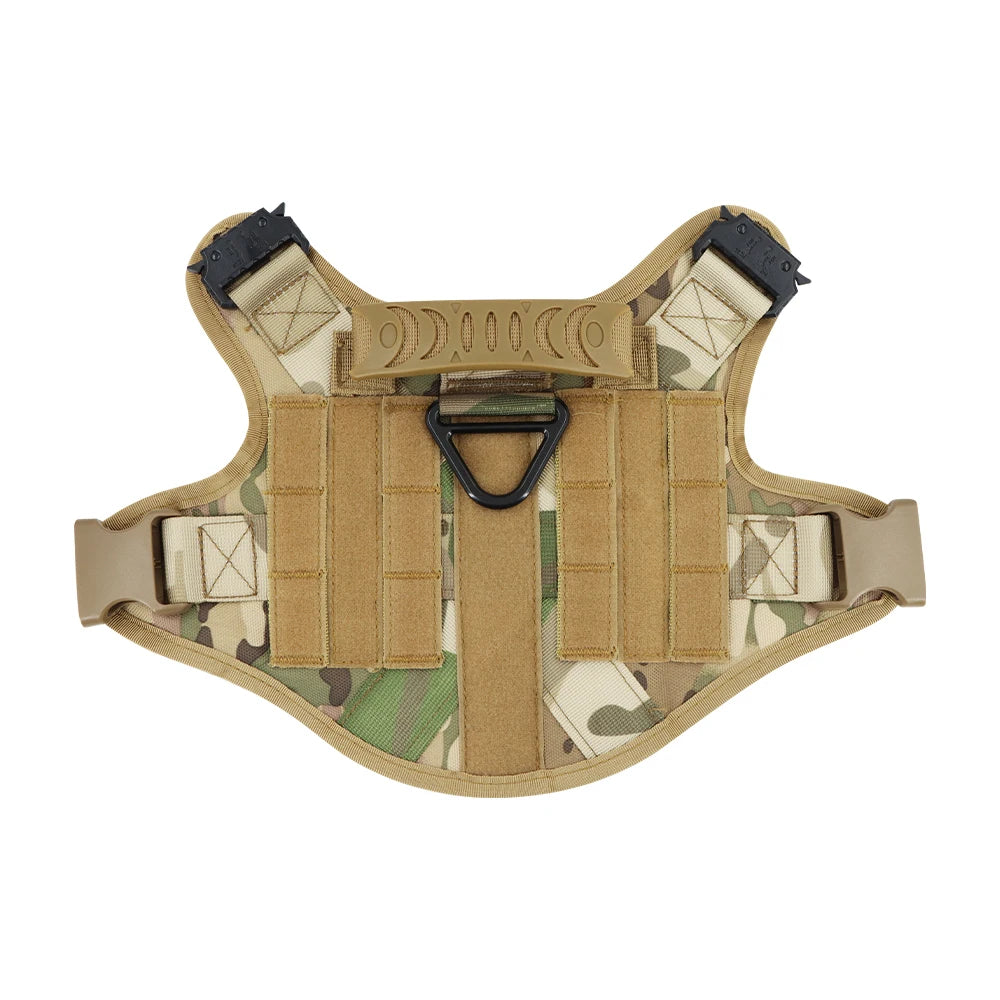 A tan tactical dog harness with a padded vest and Molle pouch system is shown from above.