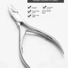 A pair of straight mouth dead skin manicure pliers with various functions shown on a white background.
