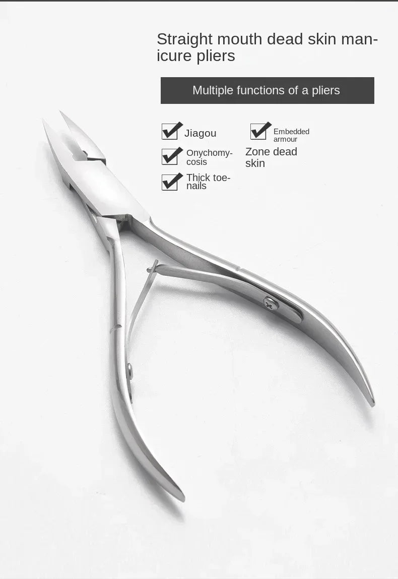 A pair of straight mouth dead skin manicure pliers with various functions shown on a white background.