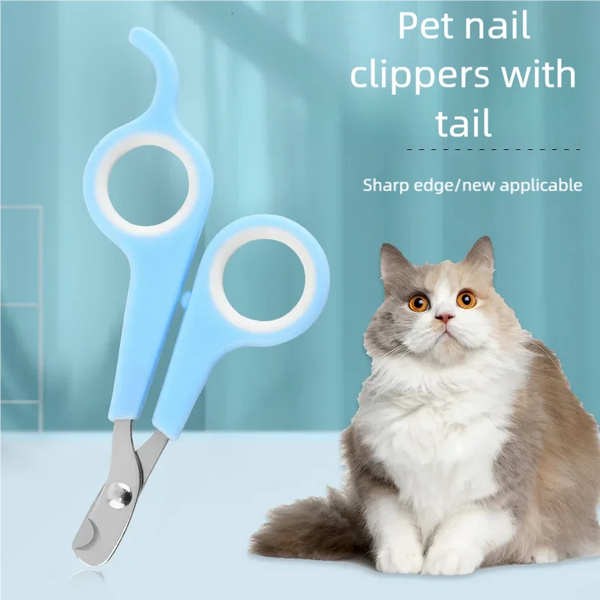 Blue pet nail clippers with a tail shown next to a fluffy orange and white cat