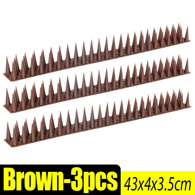 Brown metal spikes for bird and pest repellent, sold in a 3-piece set.