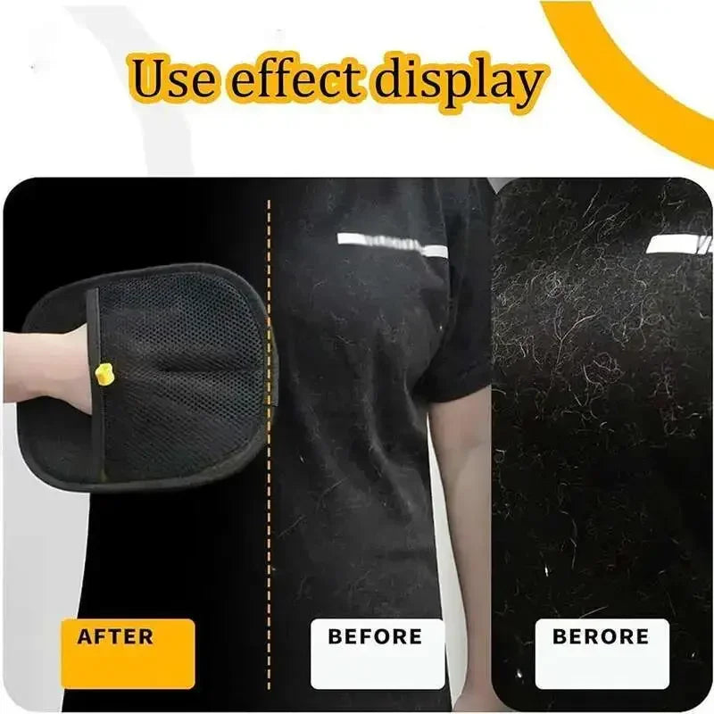 Demonstration showing the effect display of reusable double-sided pet hair removal gloves on a hand and surface.