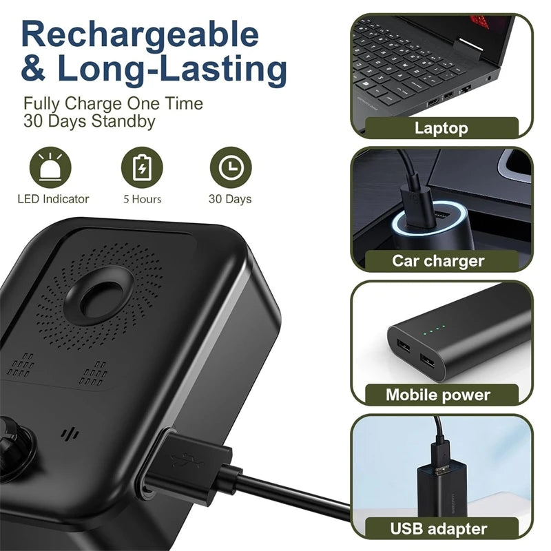 A black rechargeable ultrasonic dog bark deterrent device shown with various charging and power adapter options.