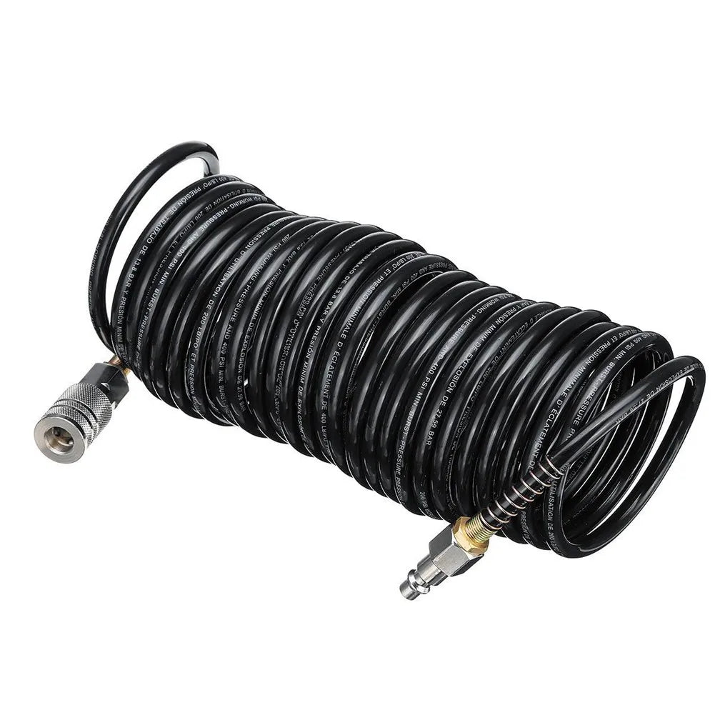 Black 25FT heavy-duty air compressor hose coiled with quick coupler and PE adapter