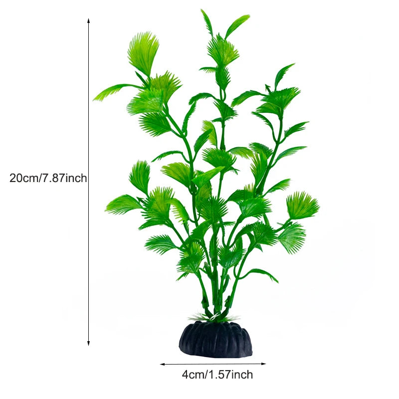 Une grande plante aquatique artificielle aux feuilles vert vif et à la base noire.