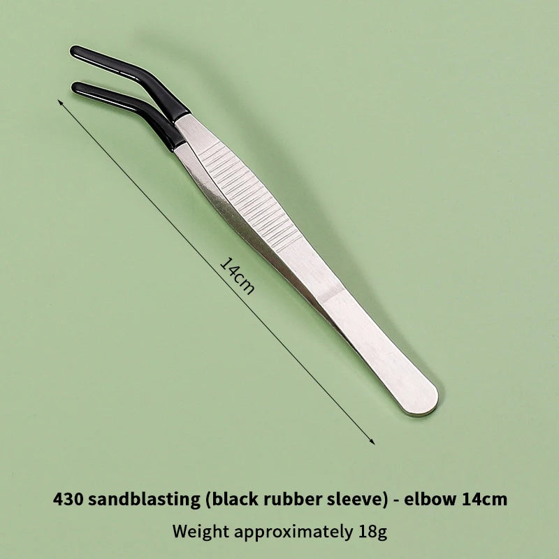 Edelstahl-Ellenbogen-Greifzange mit schwarzem Gummihandschuh, 14 cm lang und ca. 18 g.