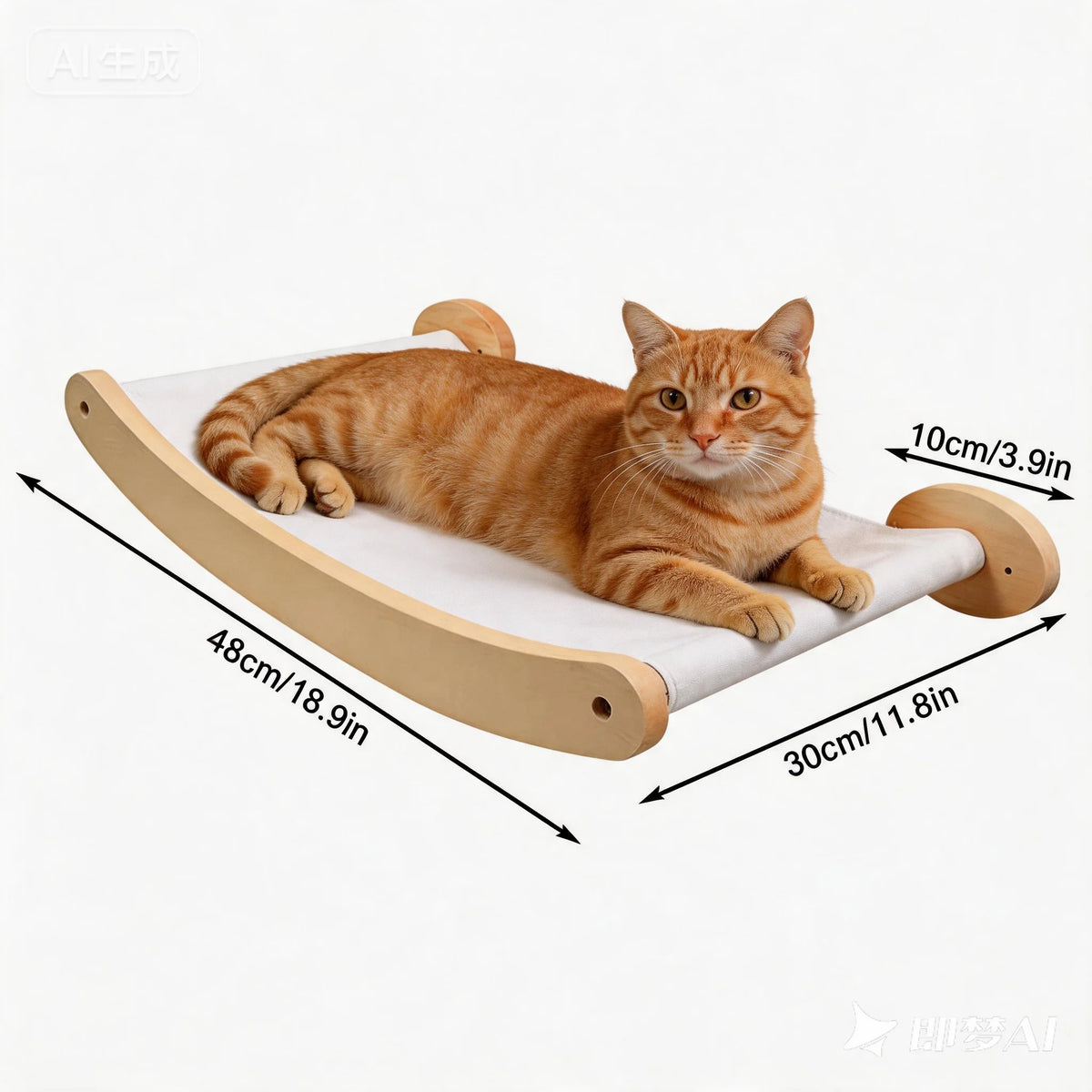 An orange tabby cat is relaxing on a beige wall-mounted hammock and climbing shelf.