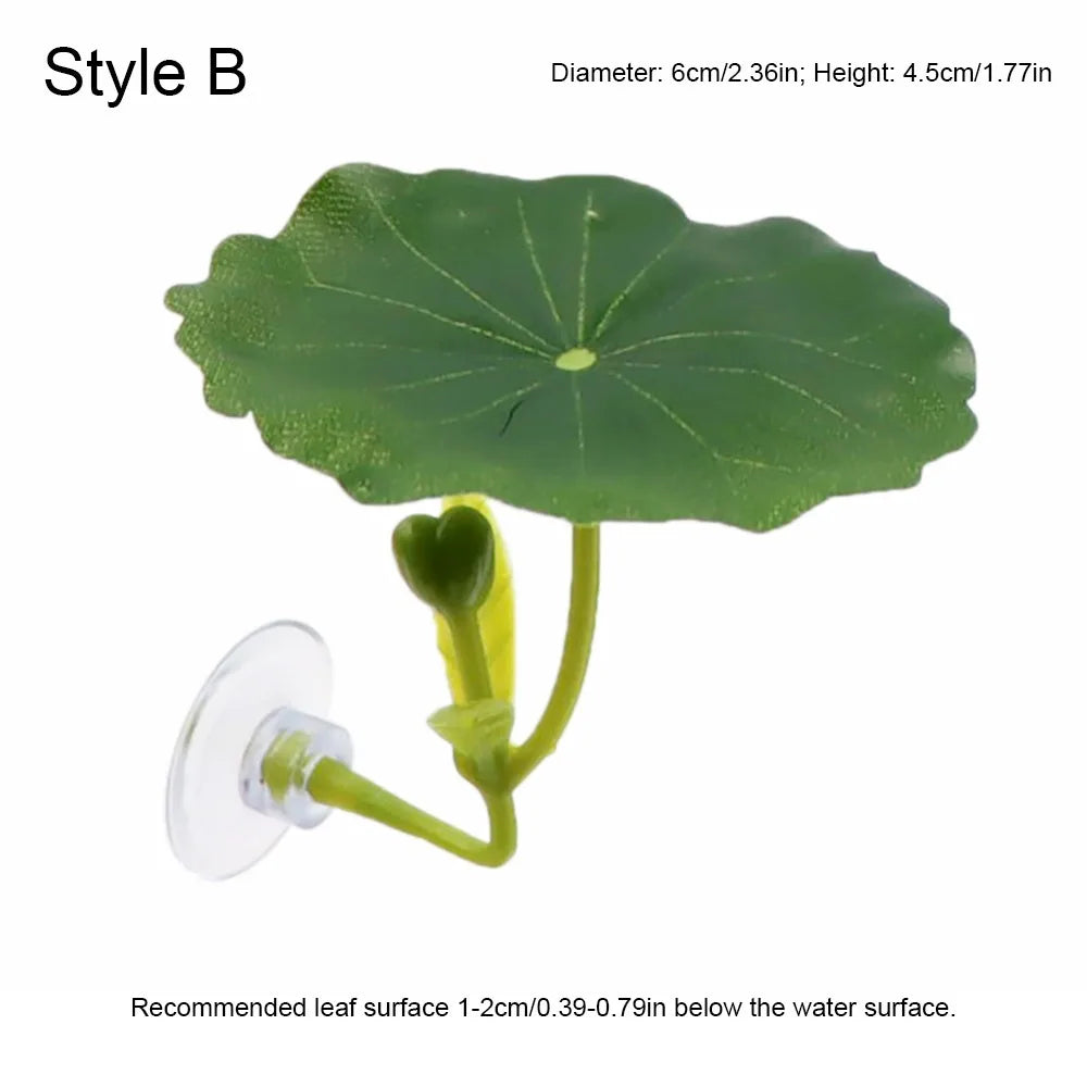 Feuille de lotus verte simulée avec une tige jaune et un disque blanc, conçue pour les poissons Betta.