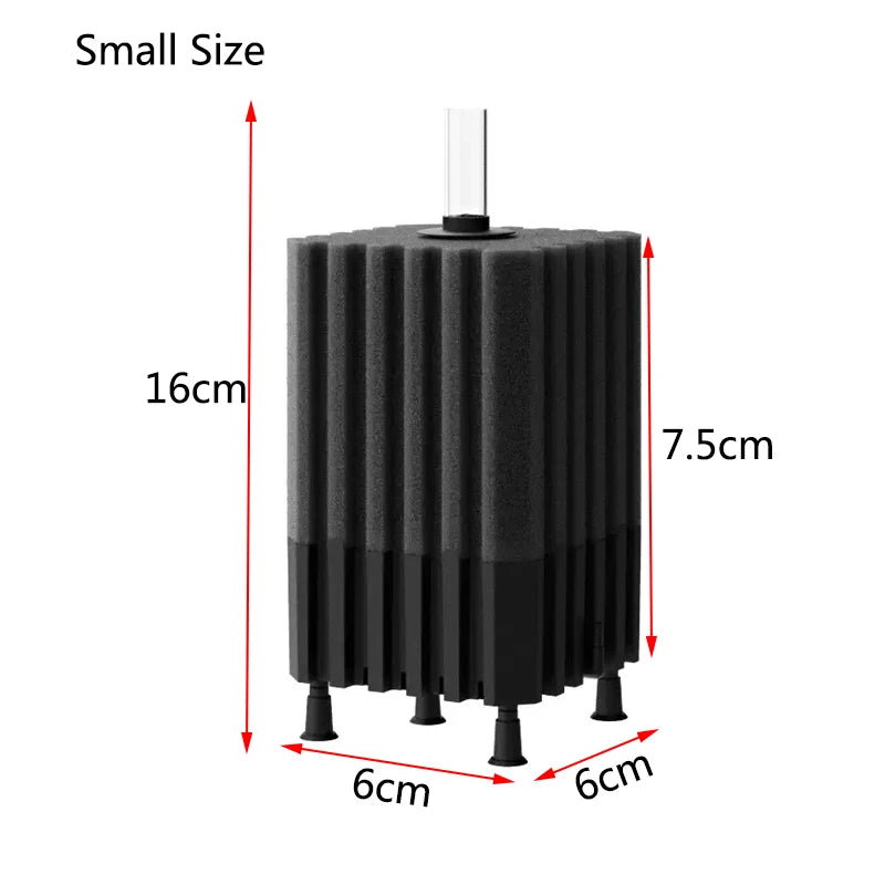 A black aquarium bio sponge filter with an air pump connection, shown from the side.