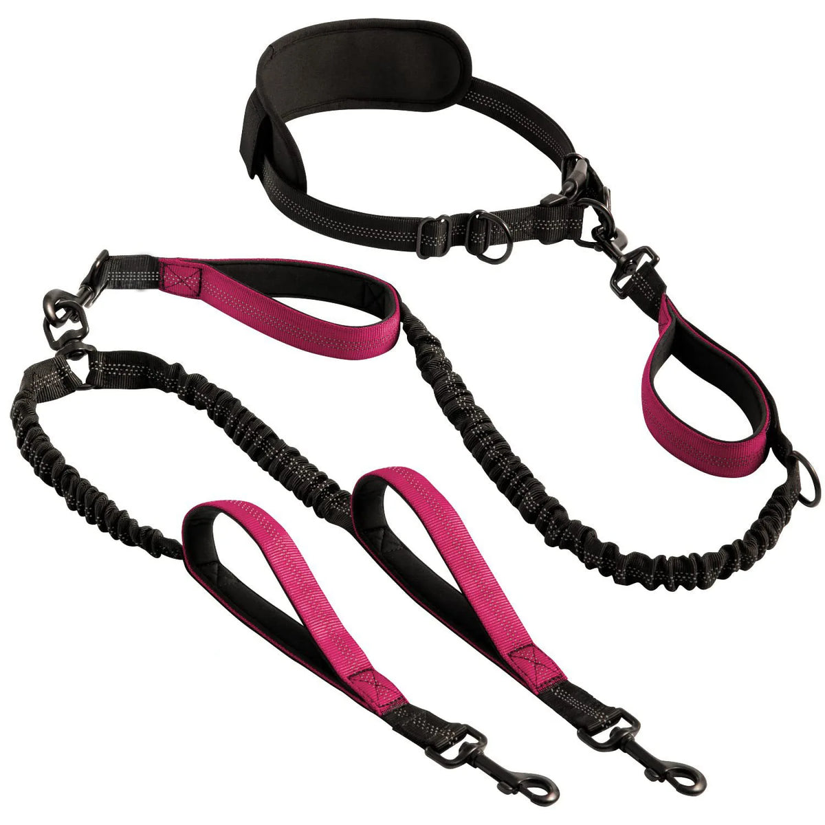 Black and pink padded double dog leash for two dogs with padded handles