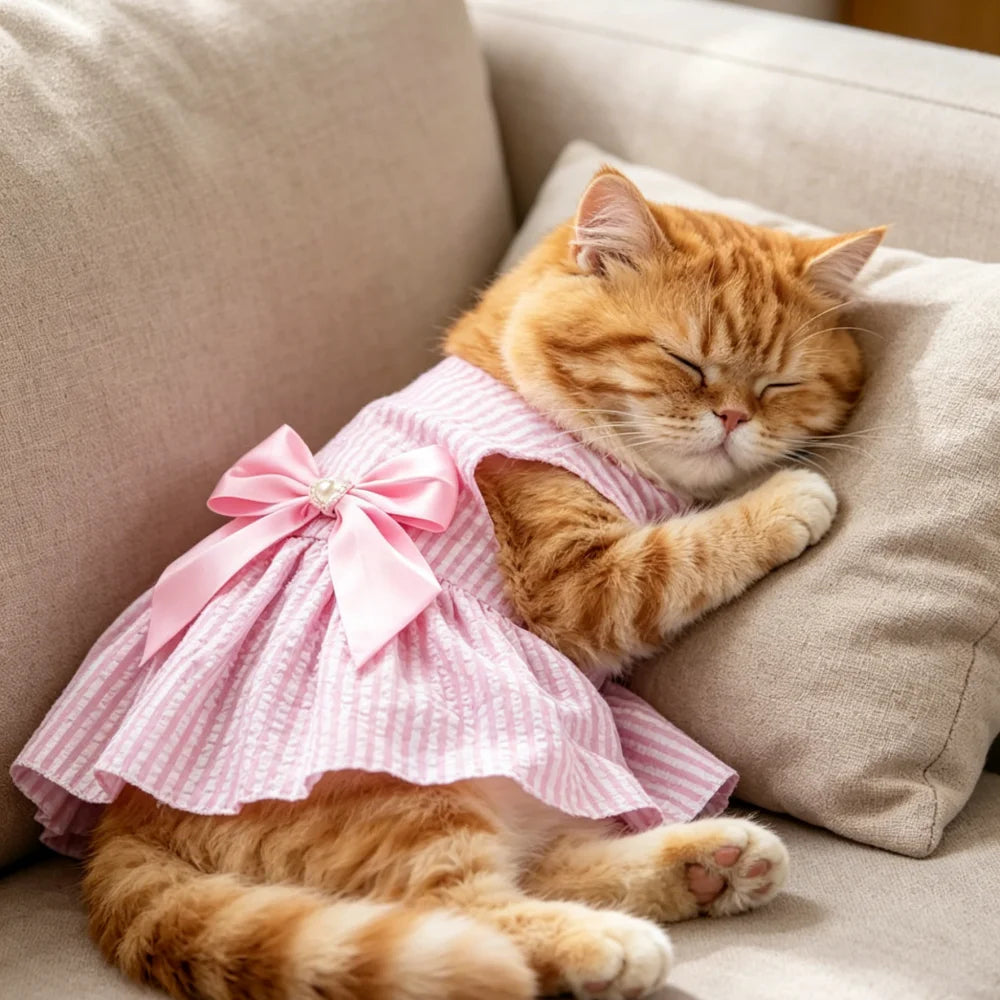 Ein flauschiger, orange tabby Cat schläft auf einem hellen Sofa in einem rosa karierten Sommerkleid.