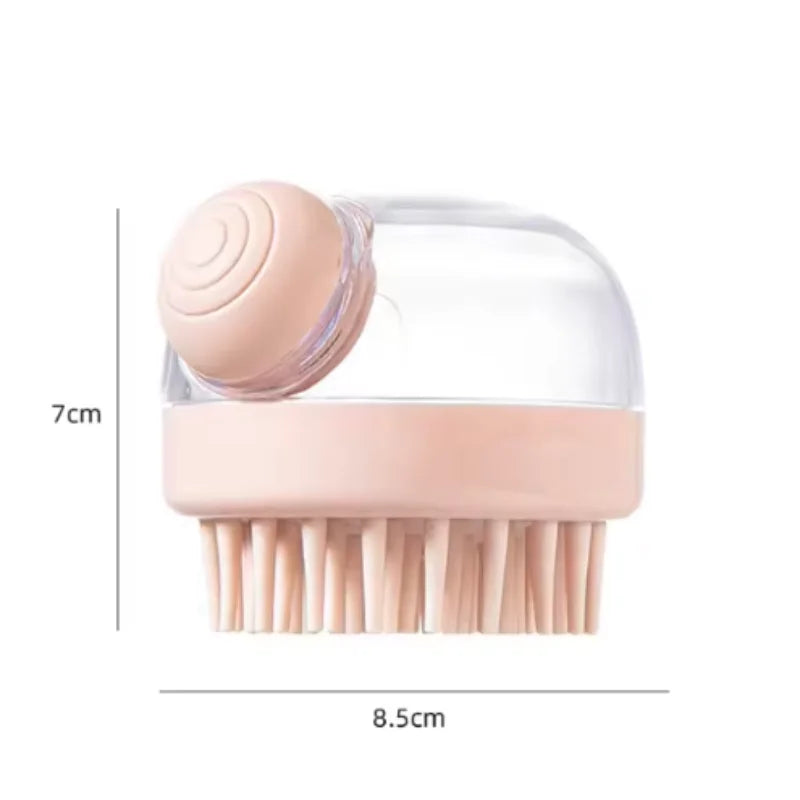 A pink soft silicone pet bath brush with a shampoo dispenser is shown from the side.