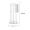 Clear silicone finger toothbrush for dogs with bristles and dimensions marked.