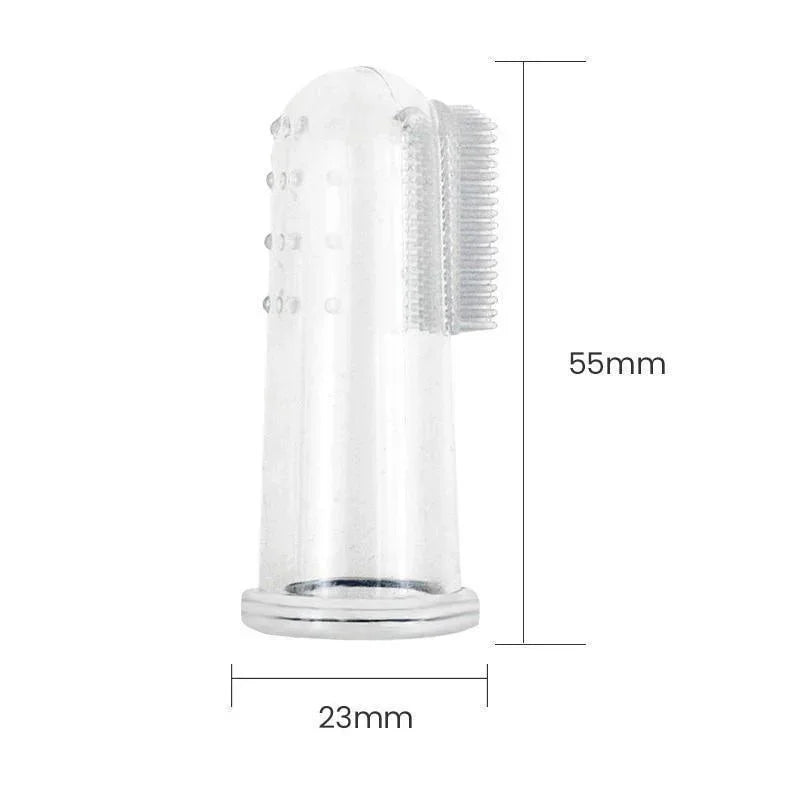 Clear silicone finger toothbrush for dogs with bristles and dimensions marked.