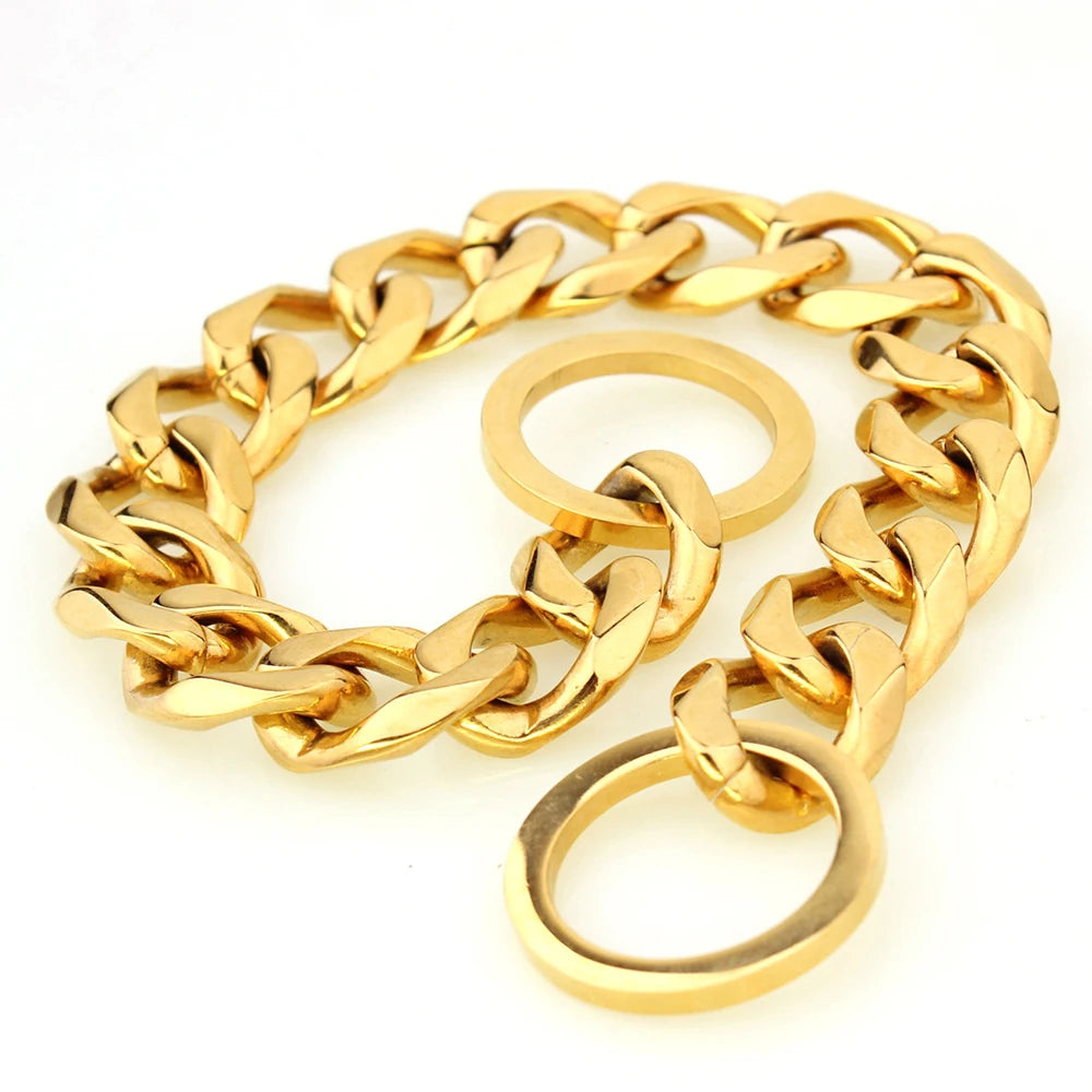 Gold Cuban link stainless steel training collar for large dog breeds