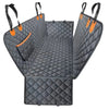 A black quilted waterproof dog car seat cover hammock with orange straps shown open.
