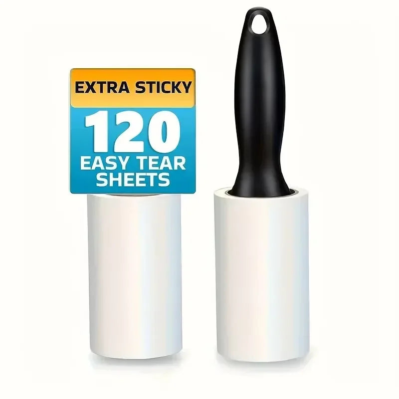 A black adhesive lint roller with a blue and yellow label indicating extra sticky tear sheets is shown next to its white casi