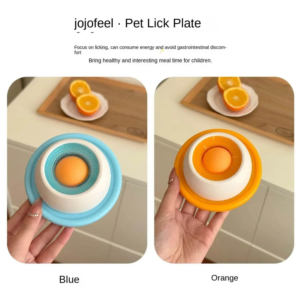 Ein blaues und ein orangefarbenes Leckplate für Hunde und Katzen, zur Demonstration des Produkts.