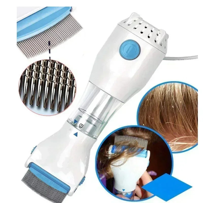 A white pet electric lice grabber comb is shown with various attachments and in use on human hair.