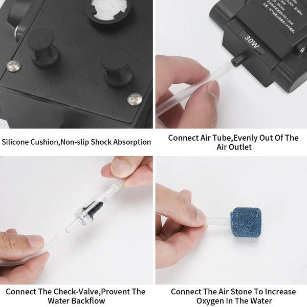 Various connections and accessories for an aquarium air pump including a silicone cushion, air tube, check-valve, and air sto