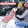 A person is wearing a pink fleece dog sweater while playing with a white dog in the snow.