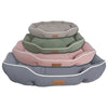 A stack of three plush pet sofa beds for dogs and cats in shades of gray, green, and pink.